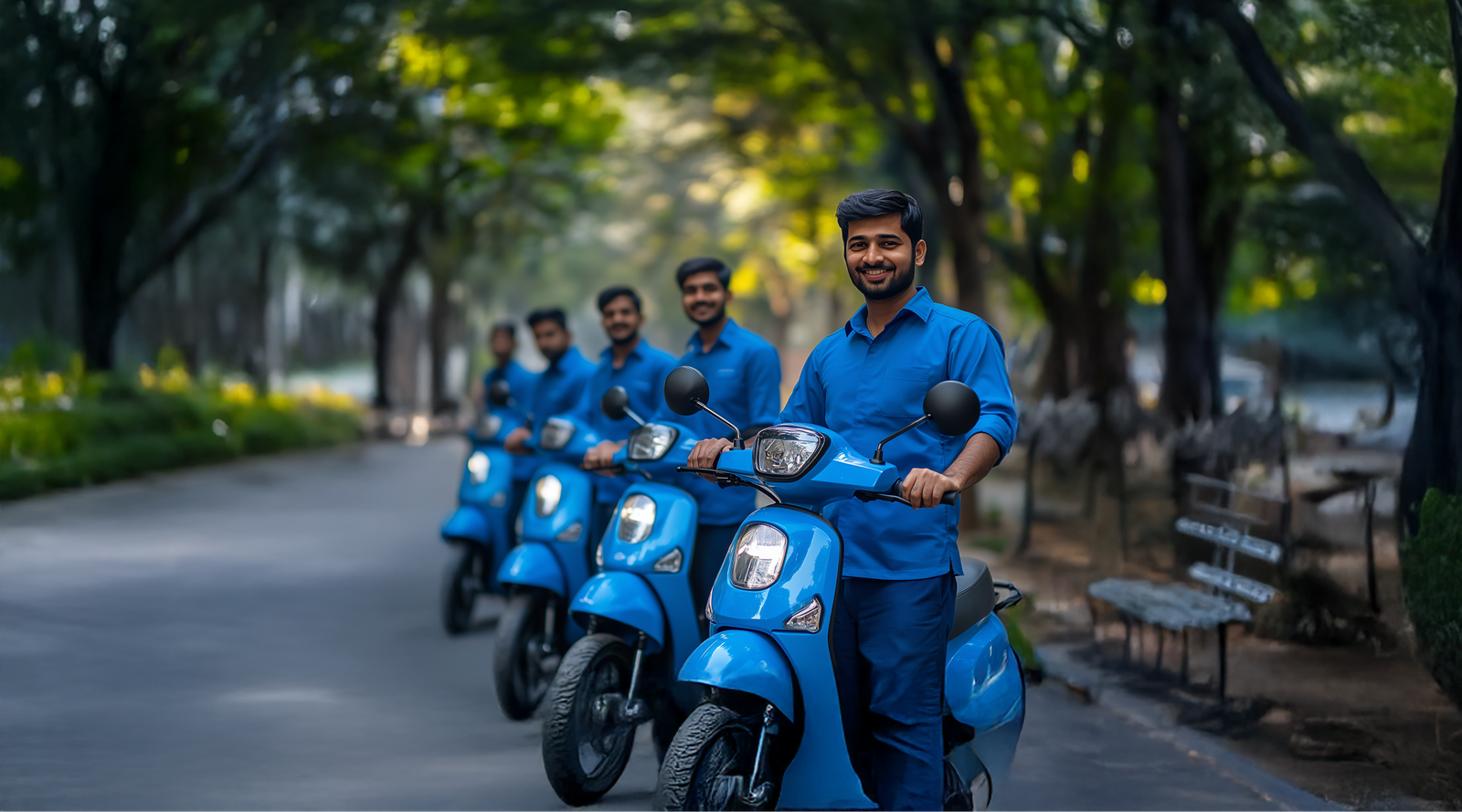 Electric scooters lined up for urban delivery operations